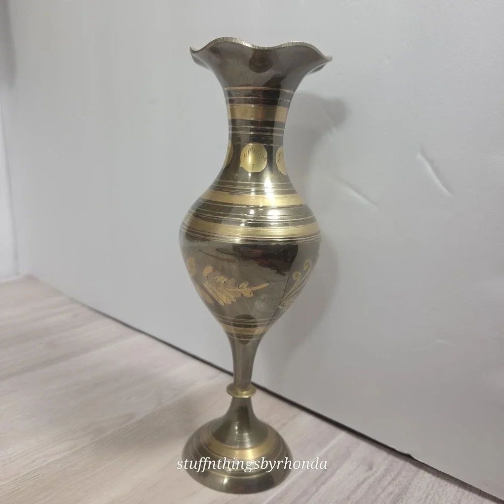 Vintage Etched Solid Brass Vase Made in India Ruffled Rim Floral Design 8 Inch